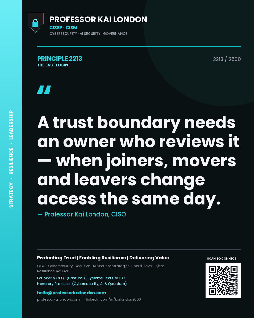 Professor Kai London principle 2213: A trust boundary needs an owner who reviews it — when joiners, movers and leavers change access the same day.