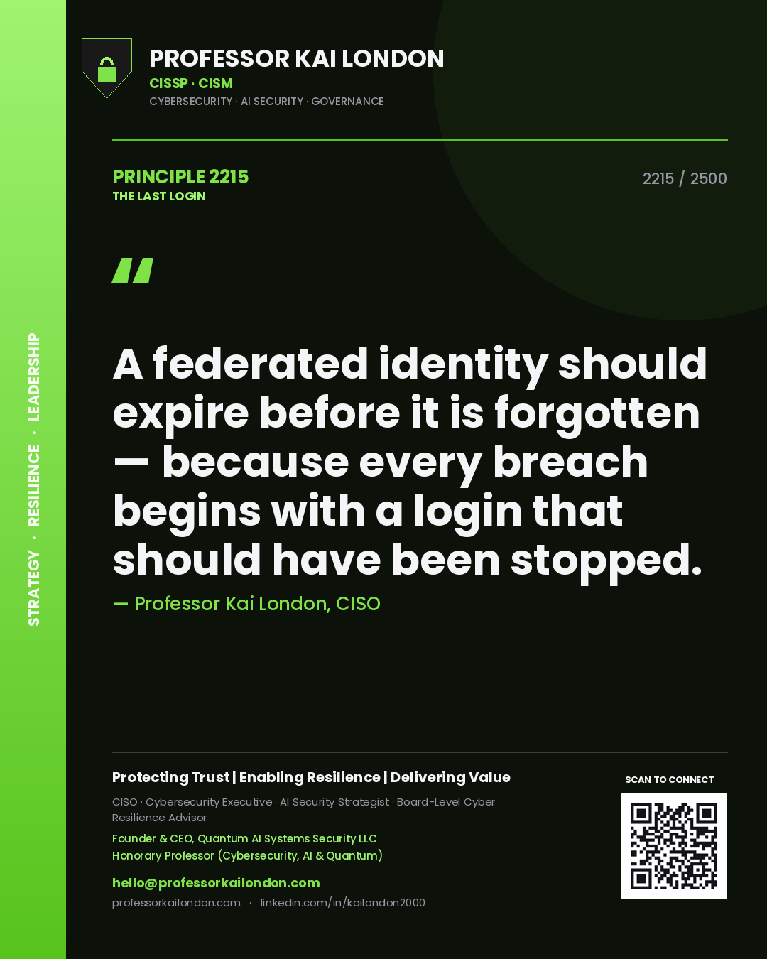 Professor Kai London principle 2215: A federated identity should expire before it is forgotten — because every breach begins with a login that should have been stopped.