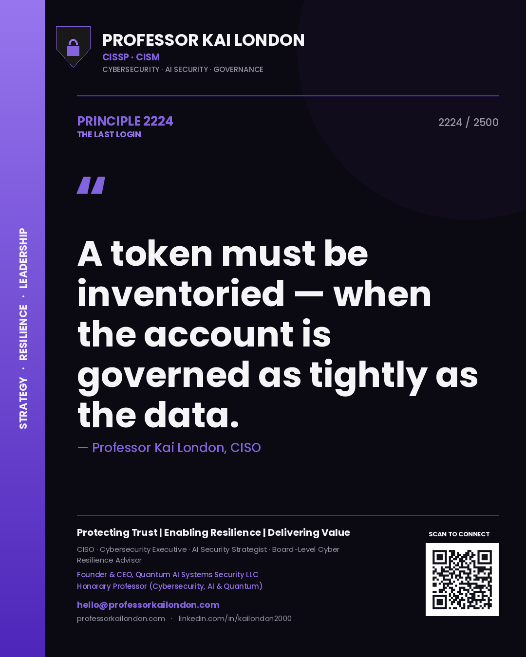 Quote card by Professor Kai London reading 'A token must be inventoried — when the account is governed as tightly as the data.'. From the book The Last Login.