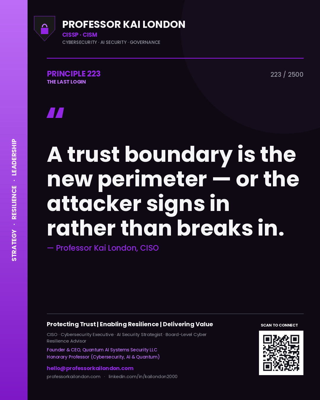 Professor Kai London principle 223: A trust boundary is the new perimeter — or the attacker signs in rather than breaks in.