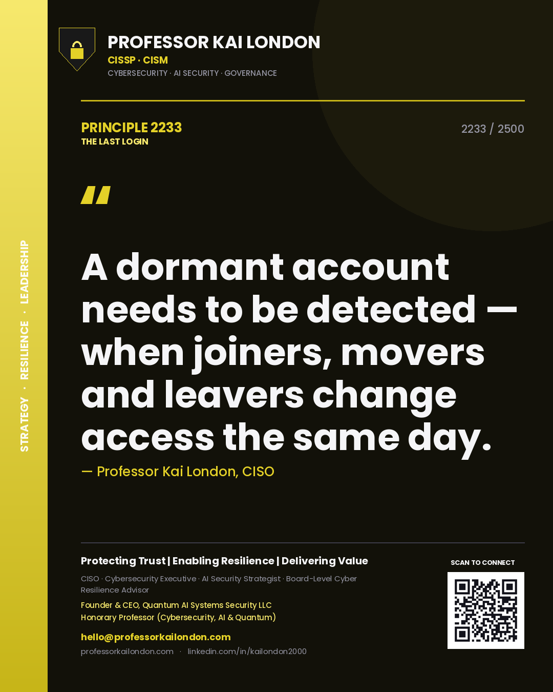 Quote card by Professor Kai London reading 'A dormant account needs to be detected — when joiners, movers and leavers change access the same day.'. From the book The Last Login.