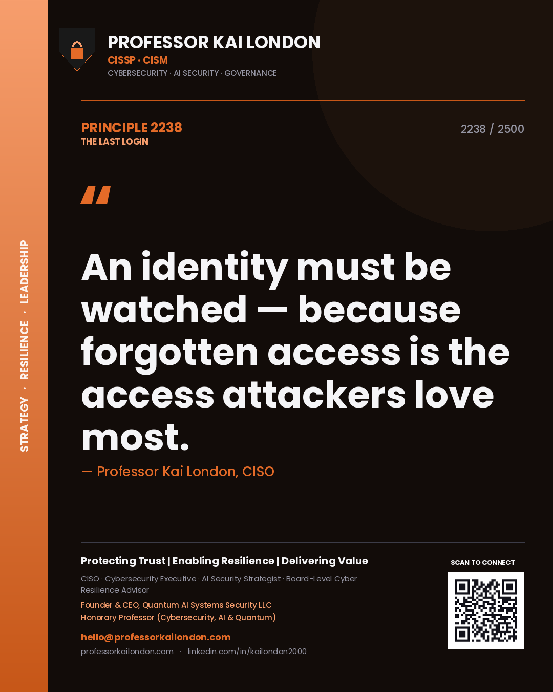 Professor Kai London principle 2238: An identity must be watched — because forgotten access is the access attackers love most.