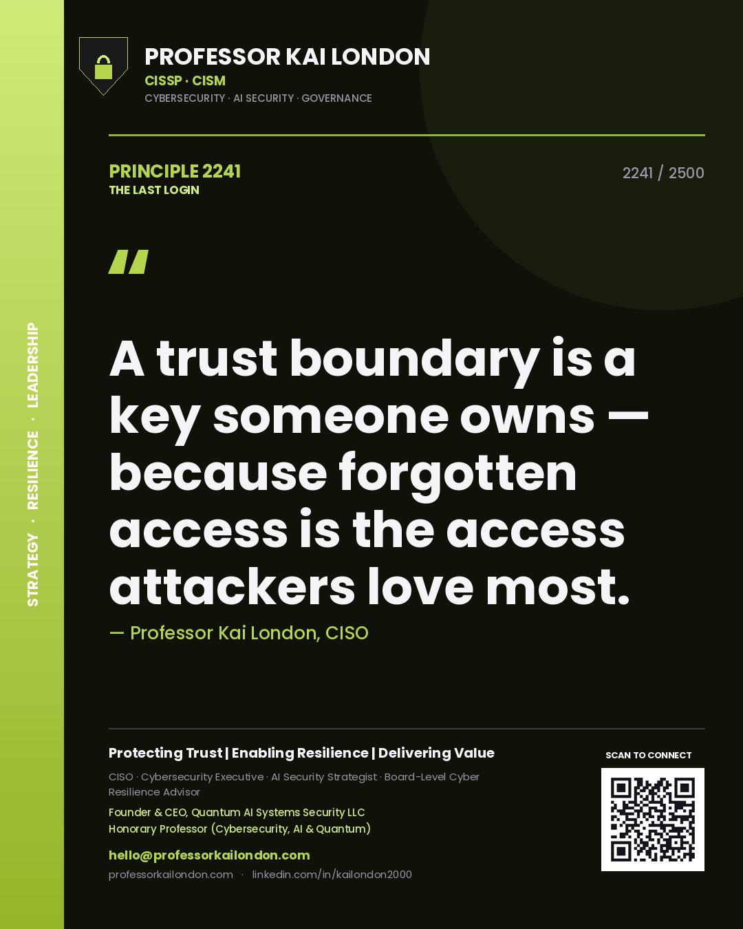 Professor Kai London principle 2241: A trust boundary is a key someone owns — because forgotten access is the access attackers love most.