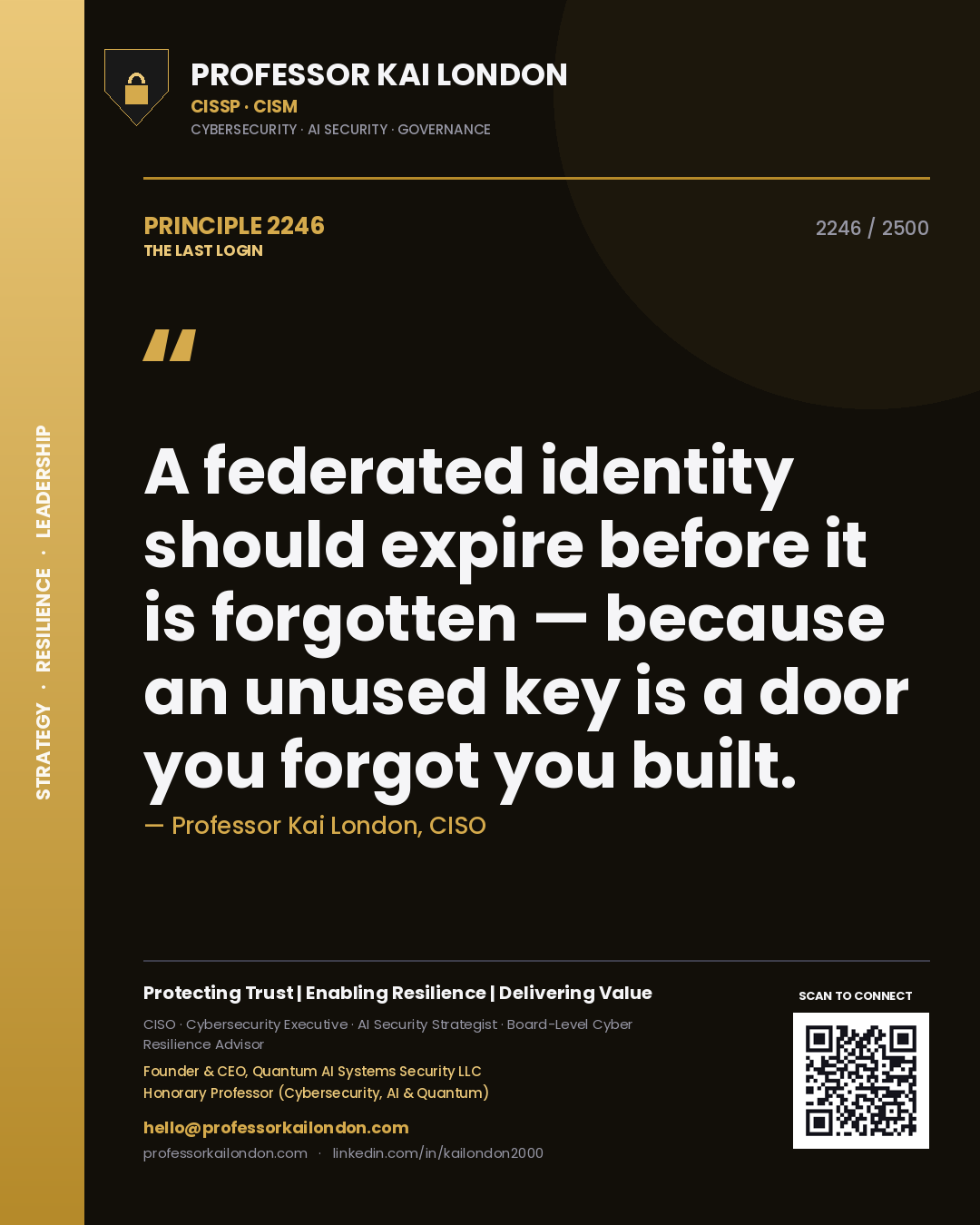 Professor Kai London principle 2246: A federated identity should expire before it is forgotten — because an unused key is a door you forgot you built.