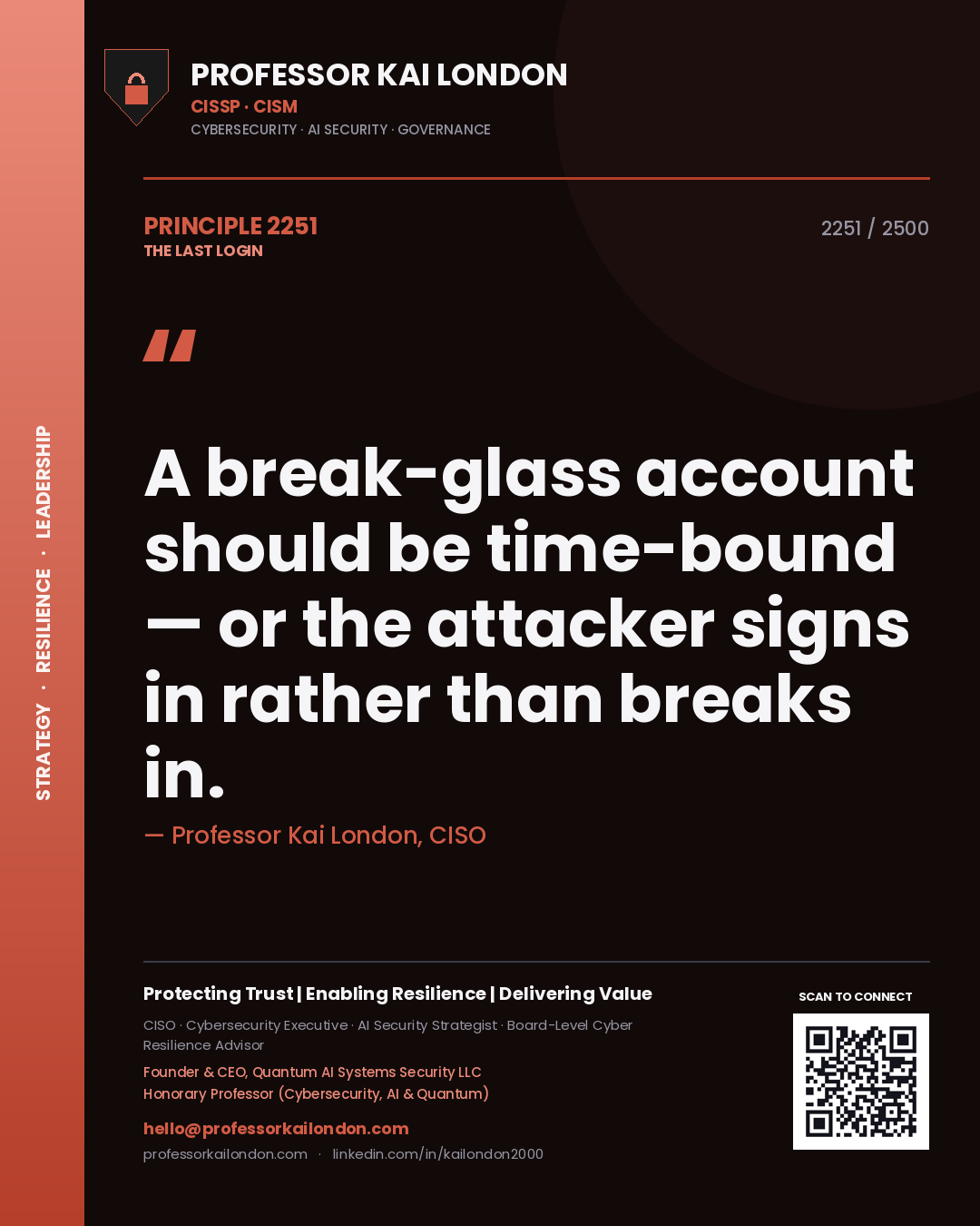Professor Kai London principle 2251: A break-glass account should be time-bound — or the attacker signs in rather than breaks in.
