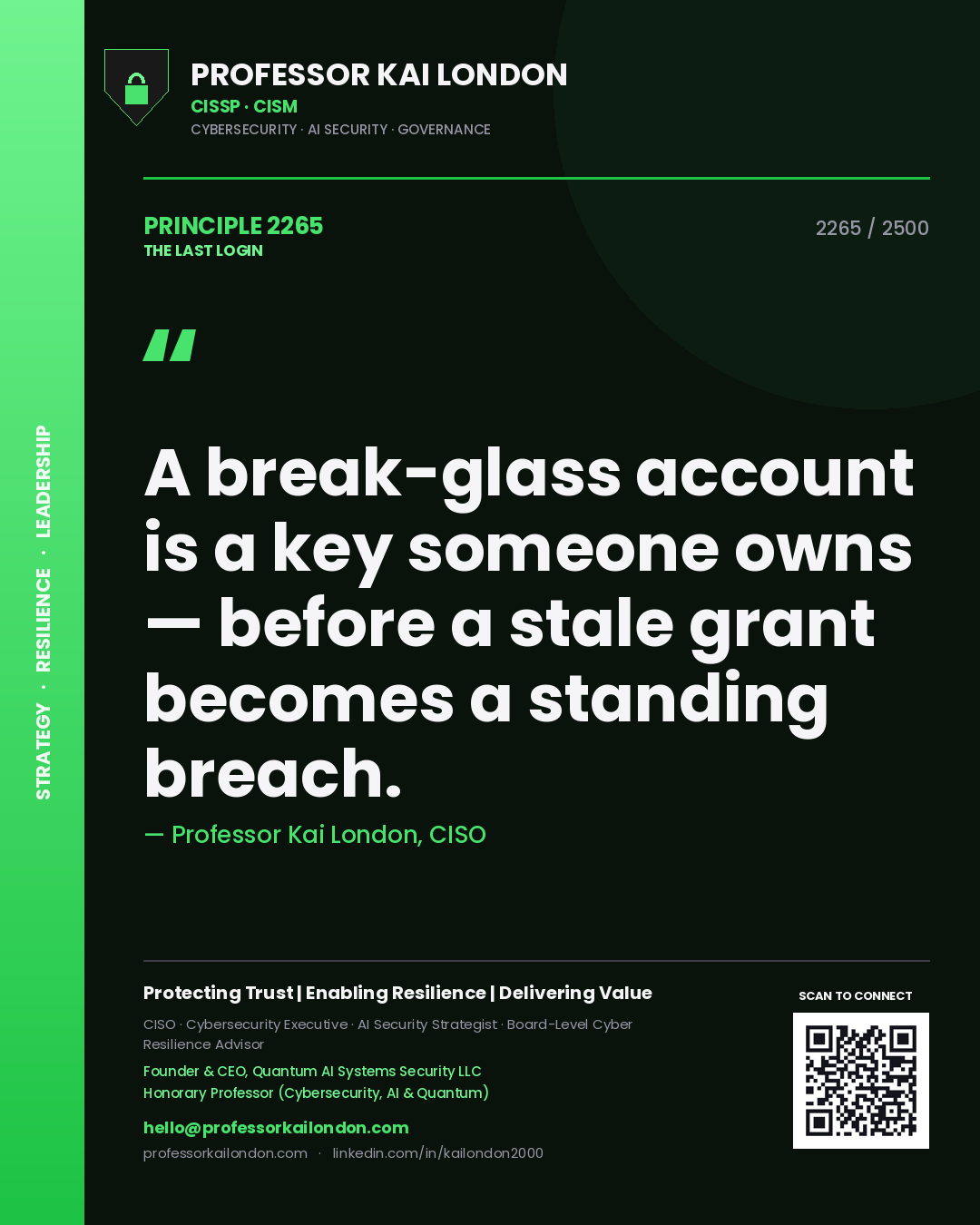 Professor Kai London principle 2265: A break-glass account is a key someone owns — before a stale grant becomes a standing breach.