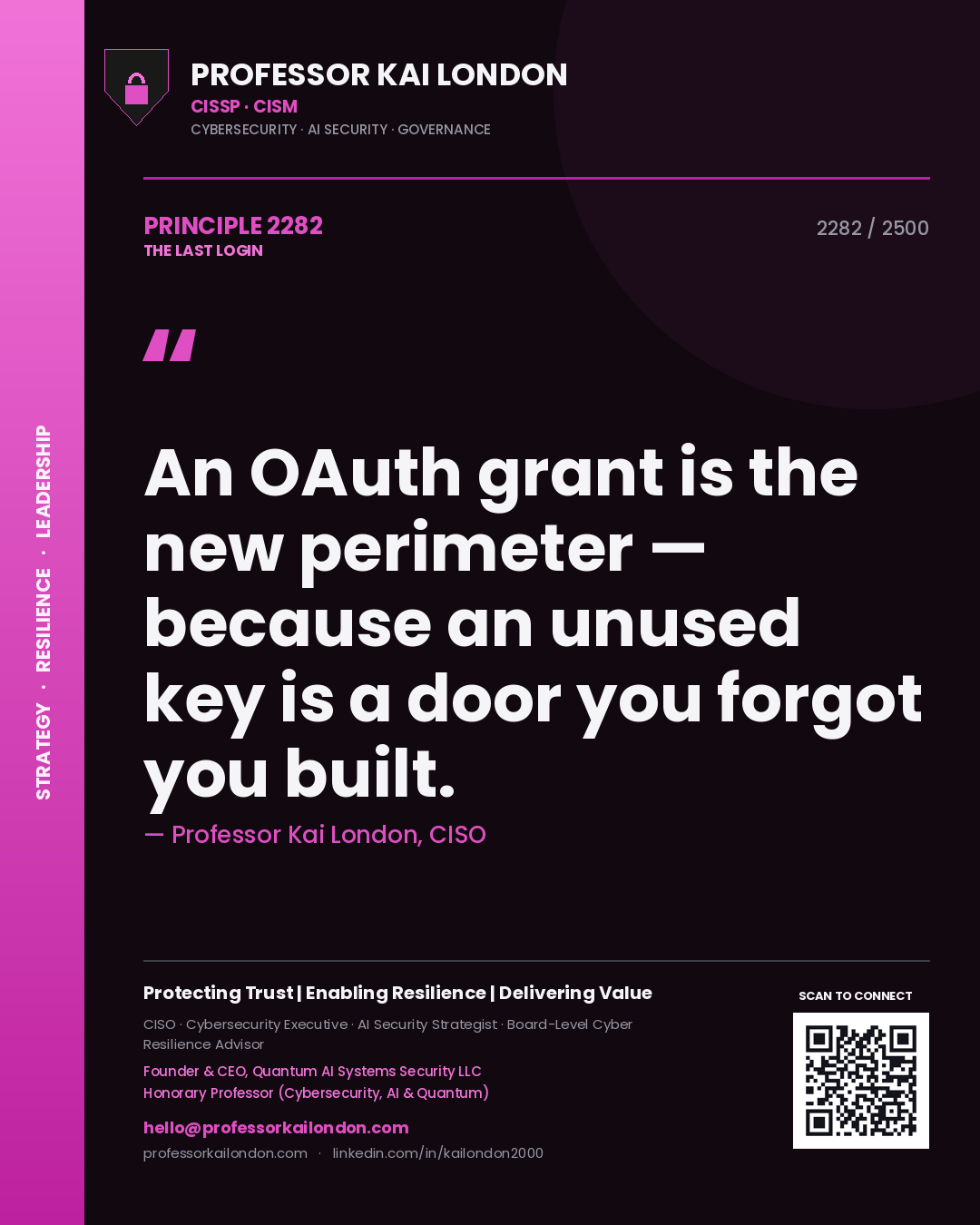 Professor Kai London principle 2282: An OAuth grant is the new perimeter — because an unused key is a door you forgot you built.