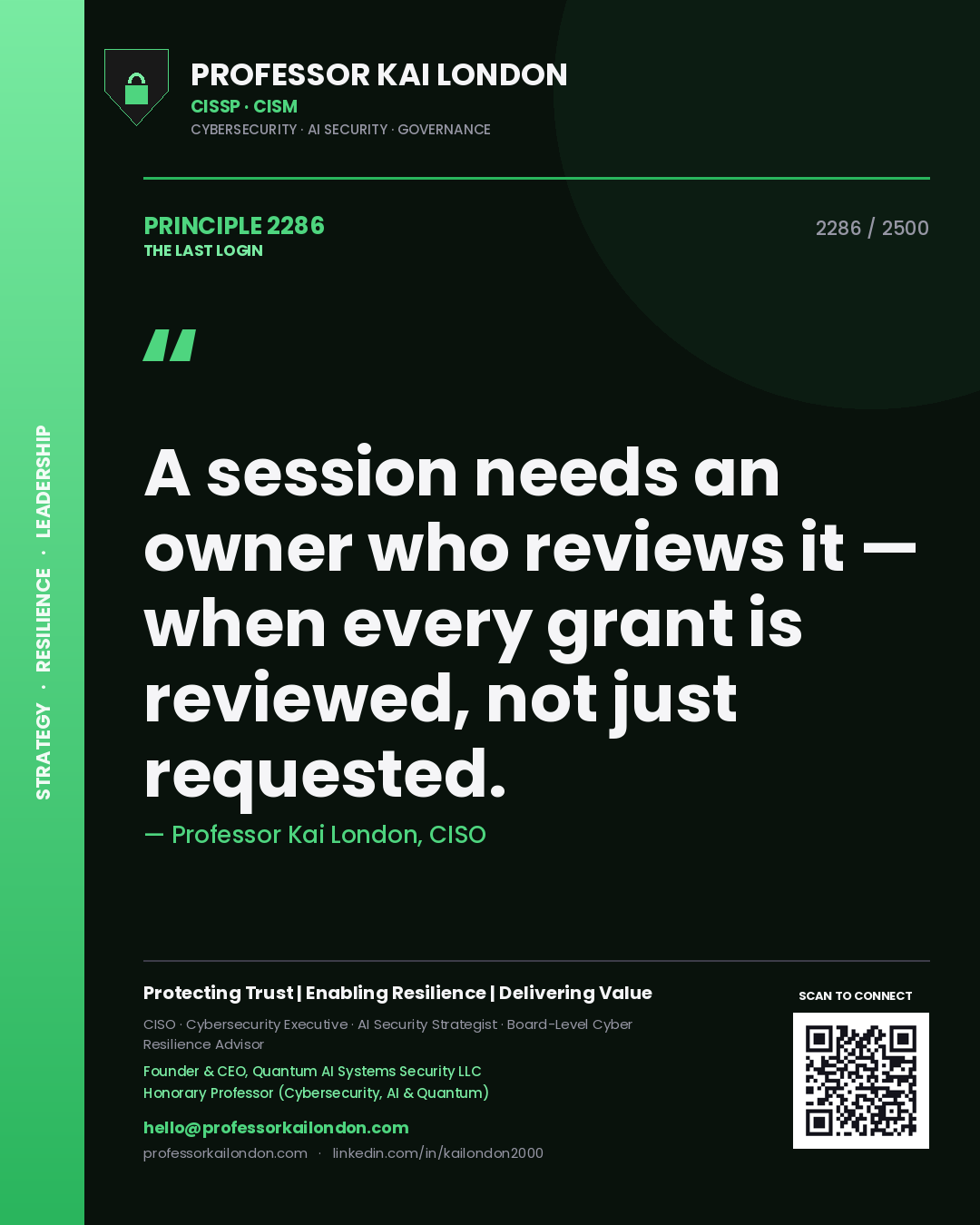 Quote card by Professor Kai London reading 'A session needs an owner who reviews it — when every grant is reviewed, not just requested.'. From the book The Last Login.