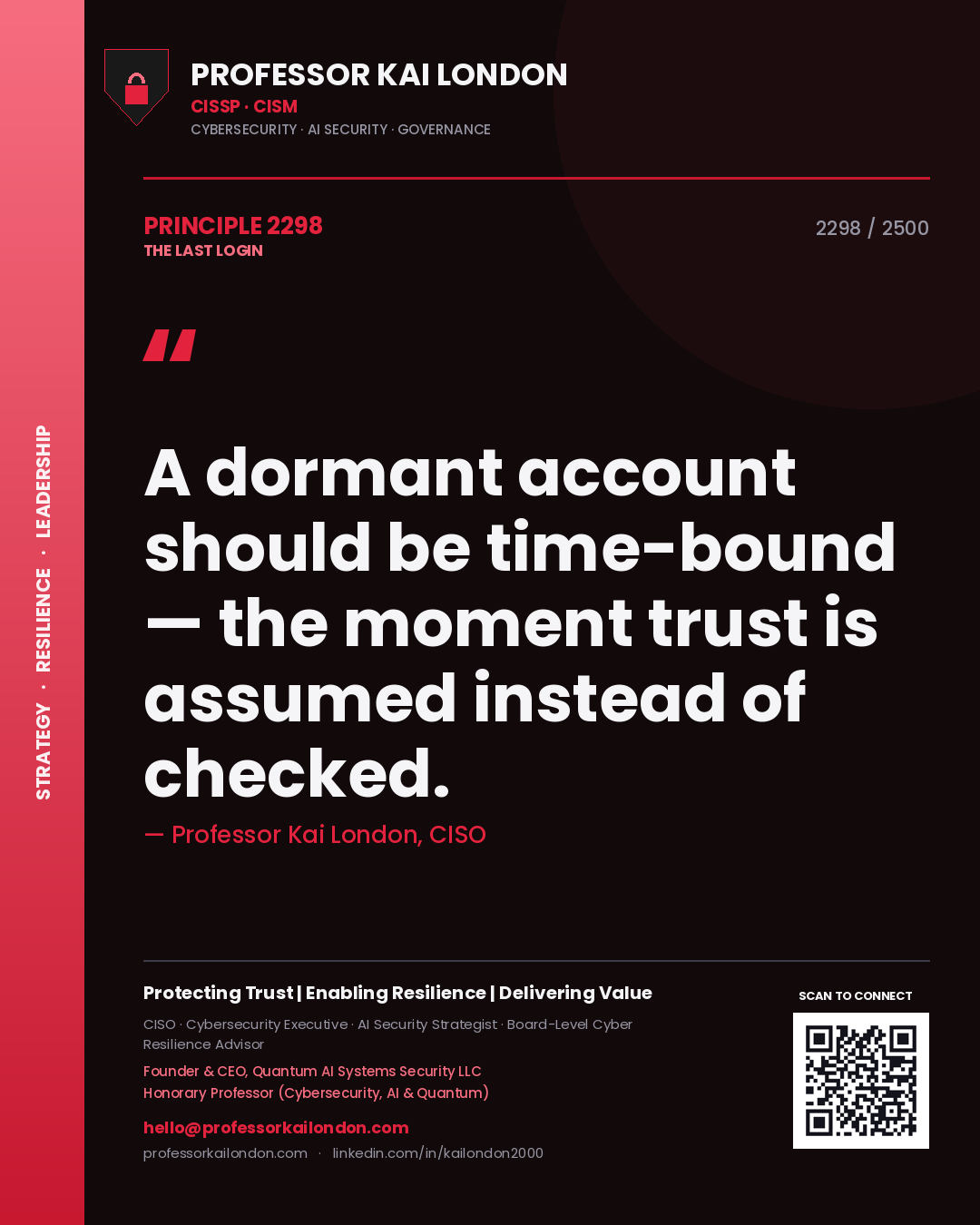 Professor Kai London principle 2298: A dormant account should be time-bound — the moment trust is assumed instead of checked.