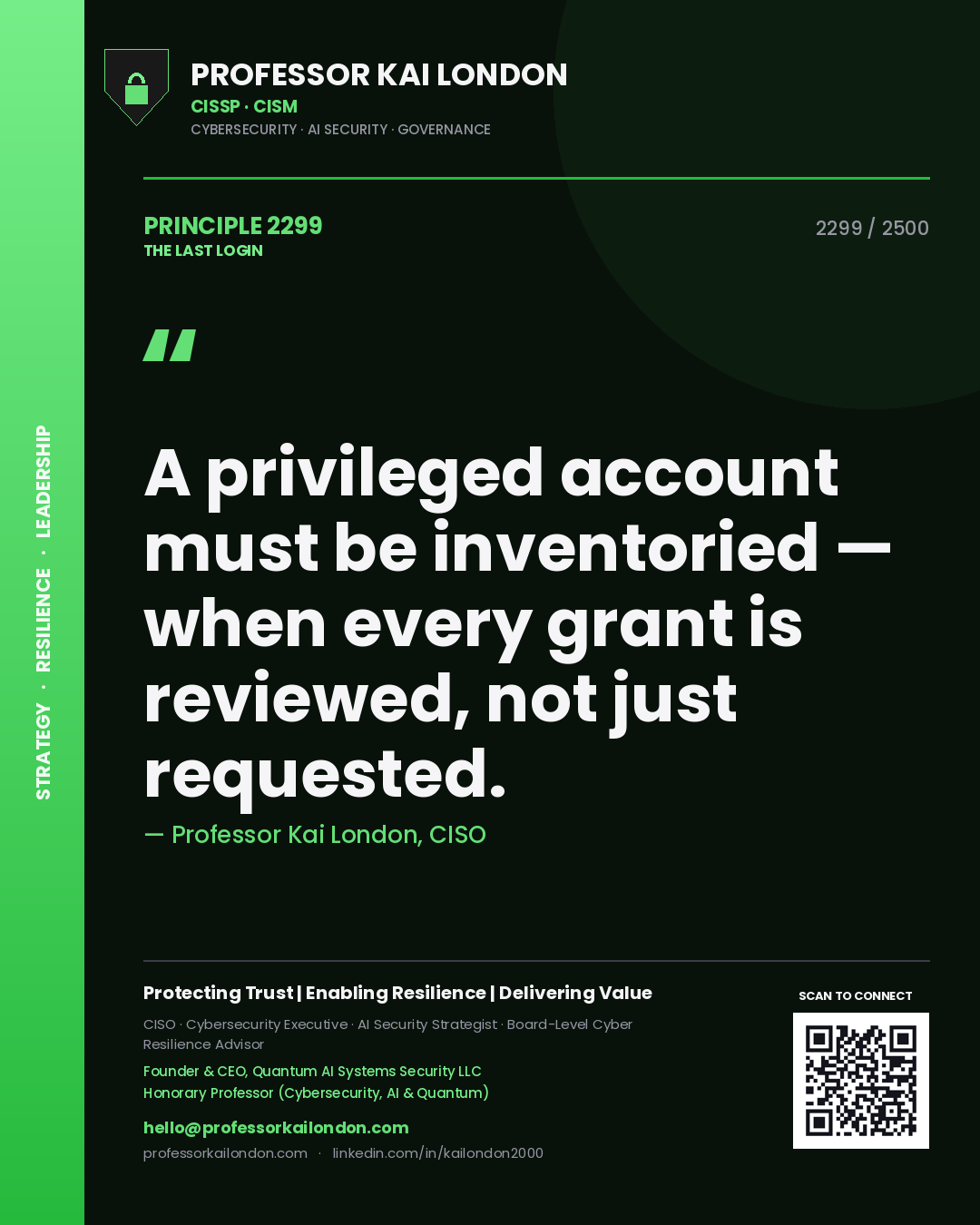 Professor Kai London principle 2299: A privileged account must be inventoried — when every grant is reviewed, not just requested.