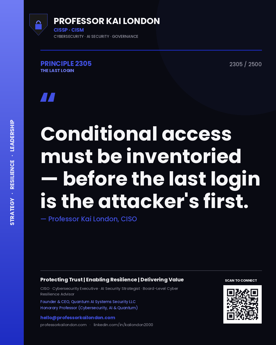 Quote card by Professor Kai London reading 'Conditional access must be inventoried — before the last login is the attacker's first.'. From the book The Last Login.