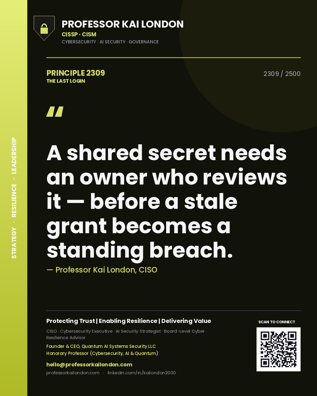 Quote card by Professor Kai London reading 'A shared secret needs an owner who reviews it — before a stale grant becomes a standing breach.'. From the book The Last Login.
