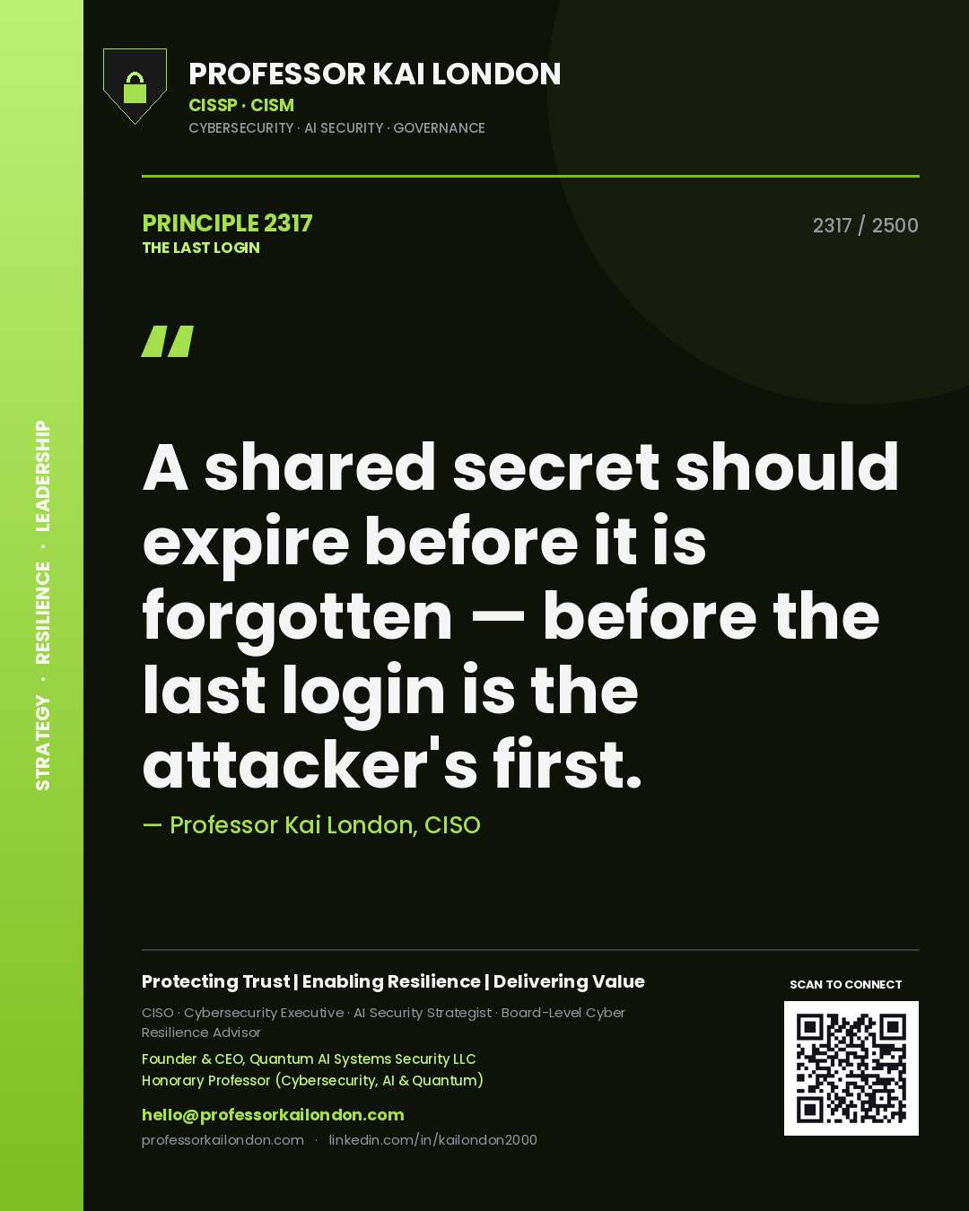 Professor Kai London principle 2317: A shared secret should expire before it is forgotten — before the last login is the attacker's first.