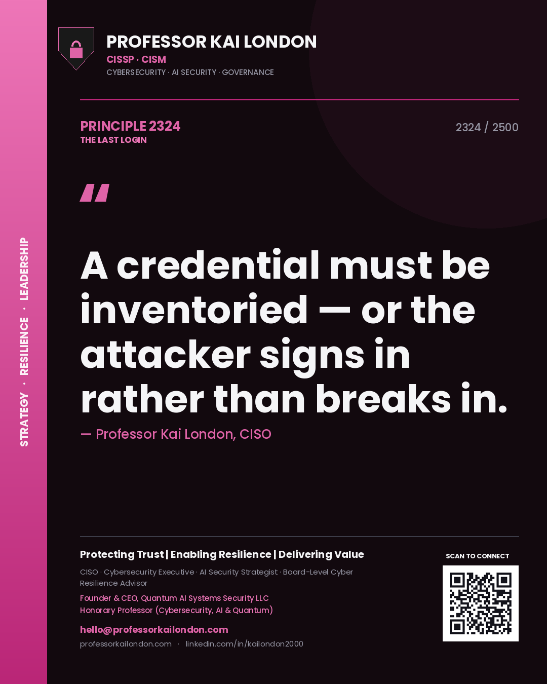 Professor Kai London principle 2324: A credential must be inventoried — or the attacker signs in rather than breaks in.