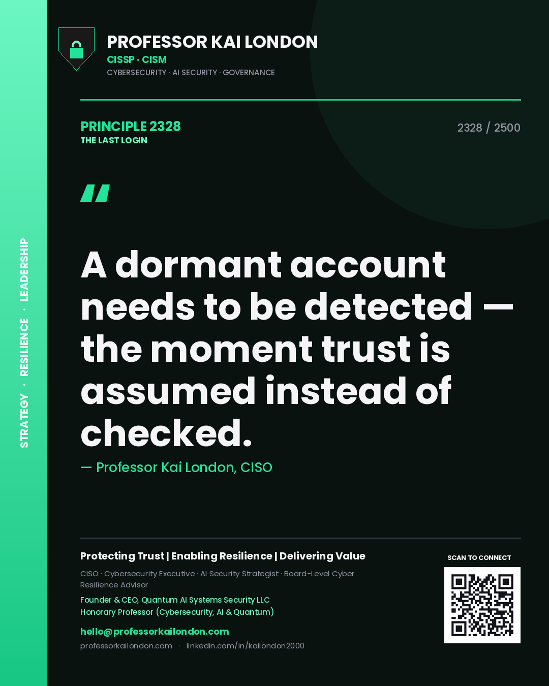 Professor Kai London principle 2328: A dormant account needs to be detected — the moment trust is assumed instead of checked.