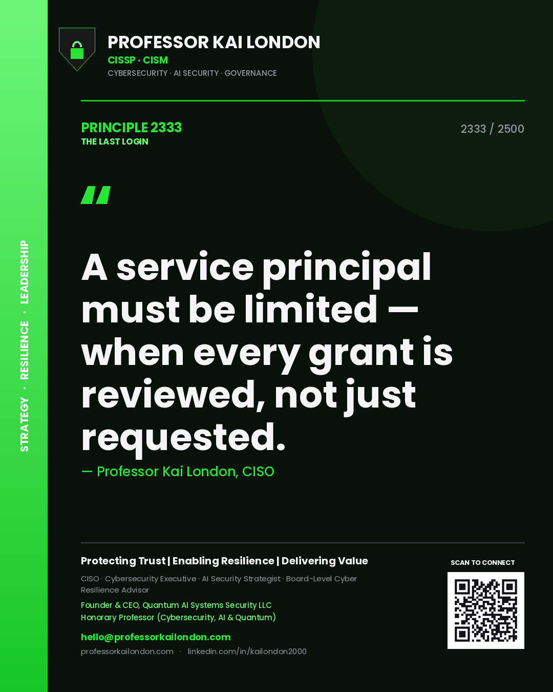 Quote card by Professor Kai London reading 'A service principal must be limited — when every grant is reviewed, not just requested.'. From the book The Last Login.