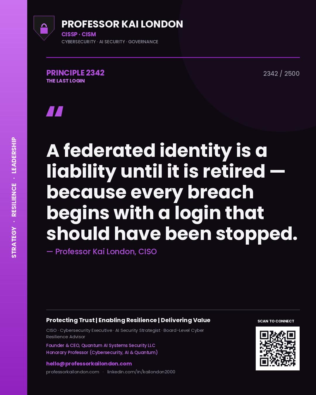 Quote card by Professor Kai London reading 'A federated identity is a liability until it is retired — because every breach begins with a login that should have been stopped.'. From the book The Last Login.