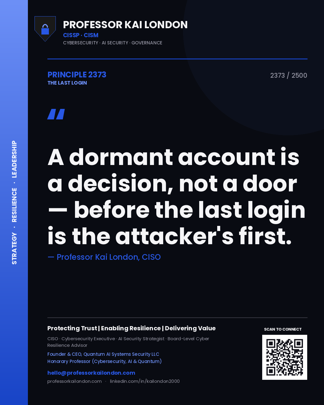 Quote card by Professor Kai London reading 'A dormant account is a decision, not a door — before the last login is the attacker's first.'. From the book The Last Login.