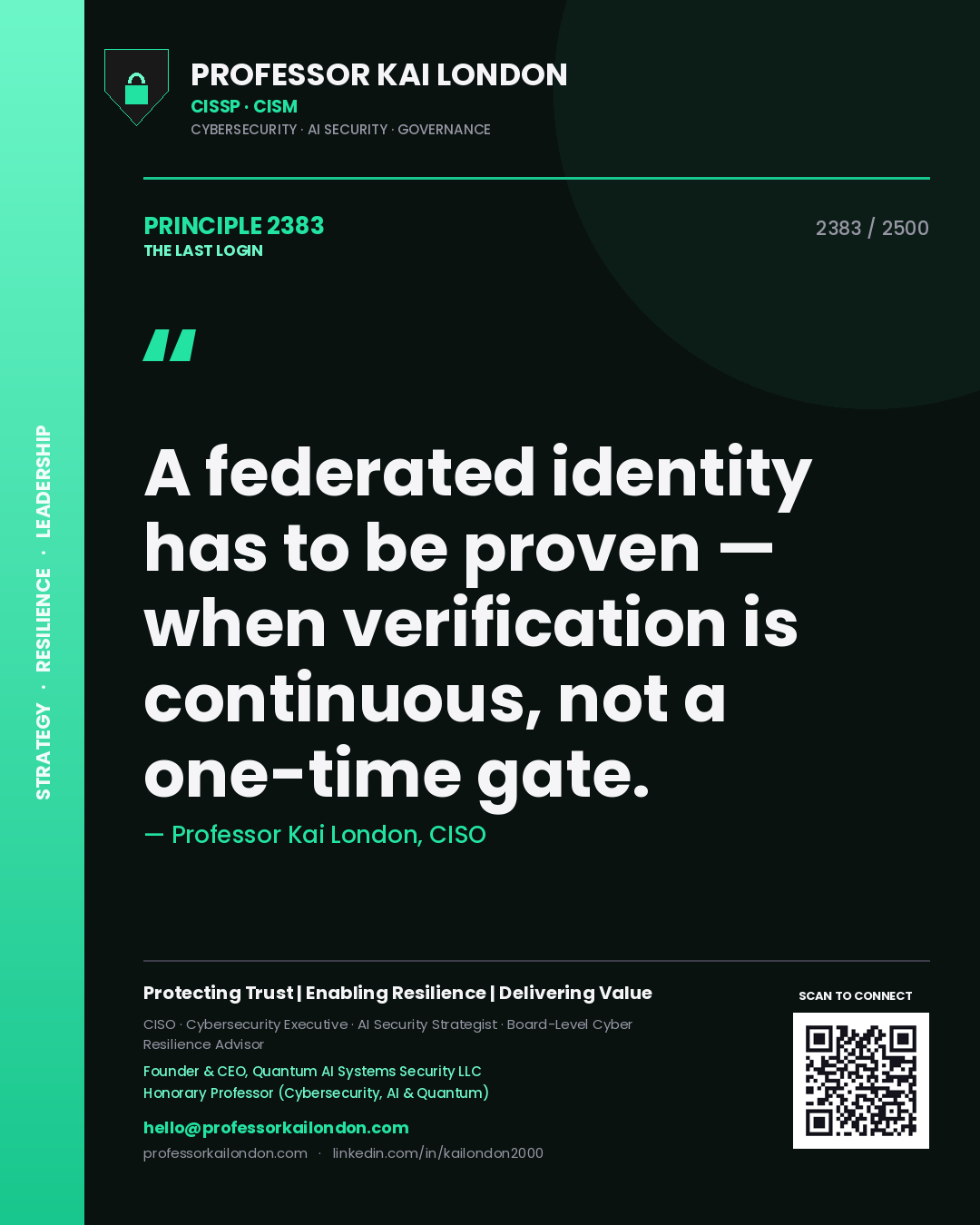 Quote card by Professor Kai London reading 'A federated identity has to be proven — when verification is continuous, not a one-time gate.'. From the book The Last Login.