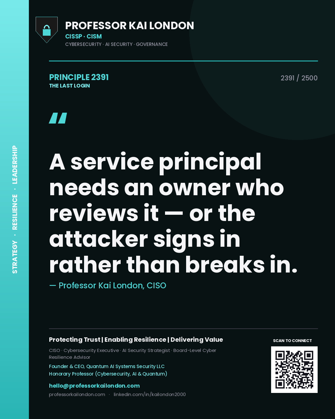 Quote card by Professor Kai London reading 'A service principal needs an owner who reviews it — or the attacker signs in rather than breaks in.'. From the book The Last Login.
