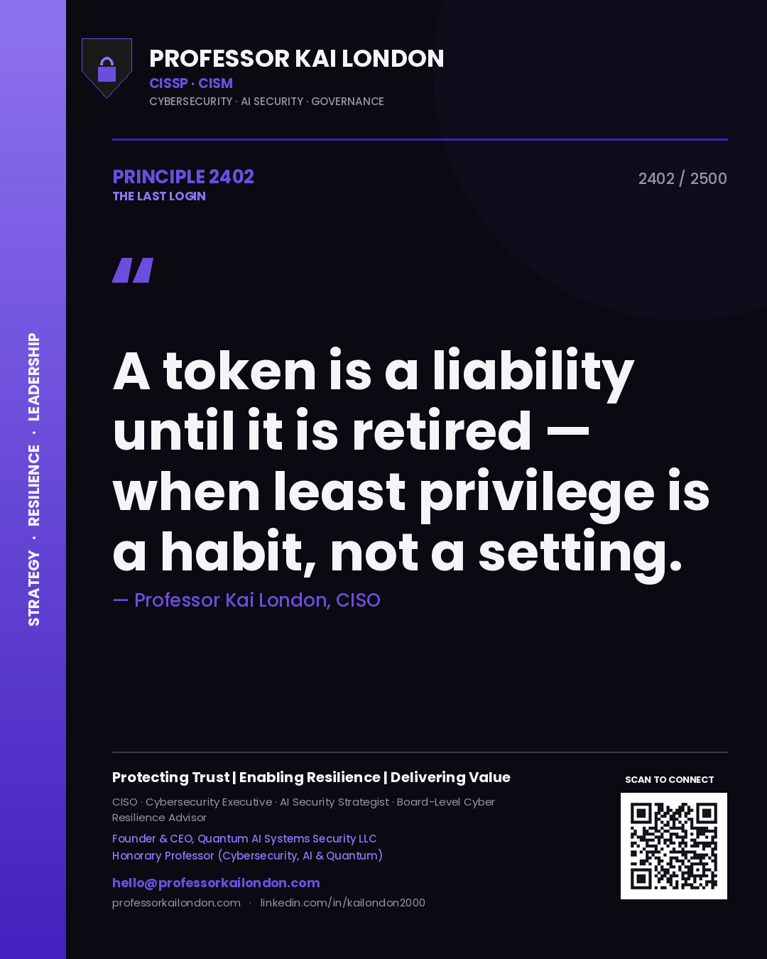 Professor Kai London principle 2402: A token is a liability until it is retired — when least privilege is a habit, not a setting.