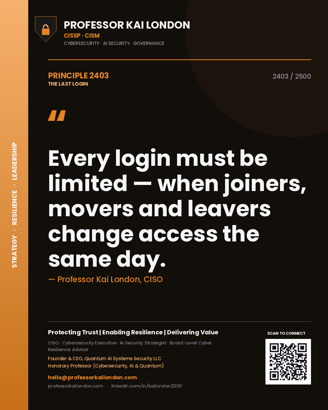 Quote card by Professor Kai London reading 'Every login must be limited — when joiners, movers and leavers change access the same day.'. From the book The Last Login.