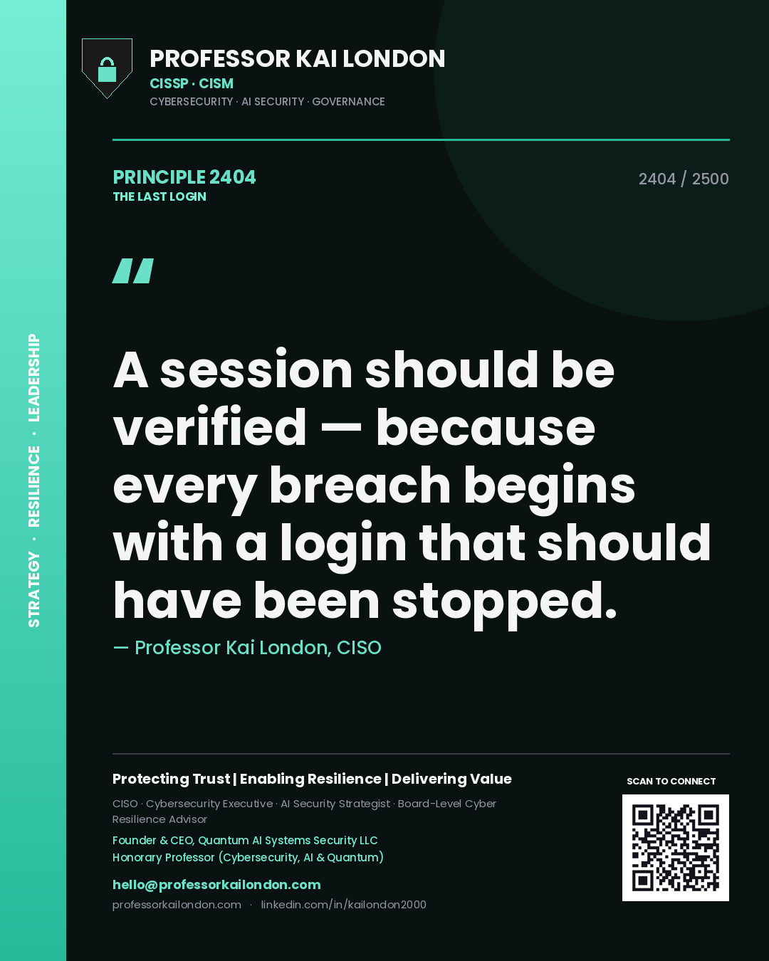 Professor Kai London principle 2404: A session should be verified — because every breach begins with a login that should have been stopped.
