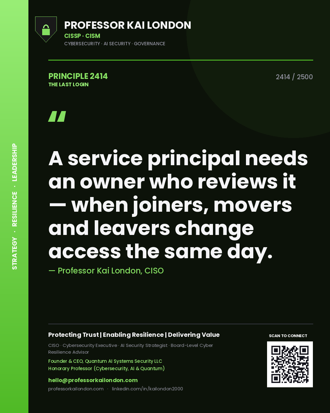 Quote card by Professor Kai London reading 'A service principal needs an owner who reviews it — when joiners, movers and leavers change access the same day.'. From the book The Last Login.