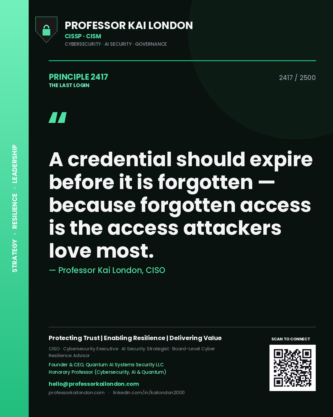 Quote card by Professor Kai London reading 'A credential should expire before it is forgotten — because forgotten access is the access attackers love most.'. From the book The Last Login.
