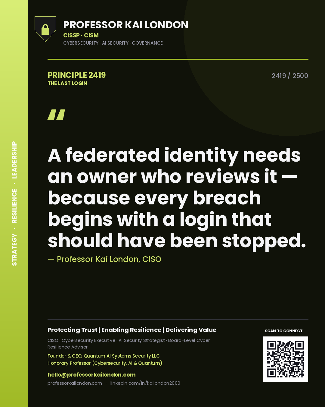 Professor Kai London principle 2419: A federated identity needs an owner who reviews it — because every breach begins with a login that should have been stopped.
