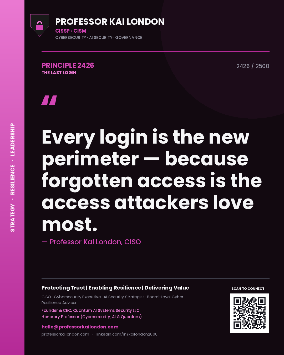 Professor Kai London principle 2426: Every login is the new perimeter — because forgotten access is the access attackers love most.