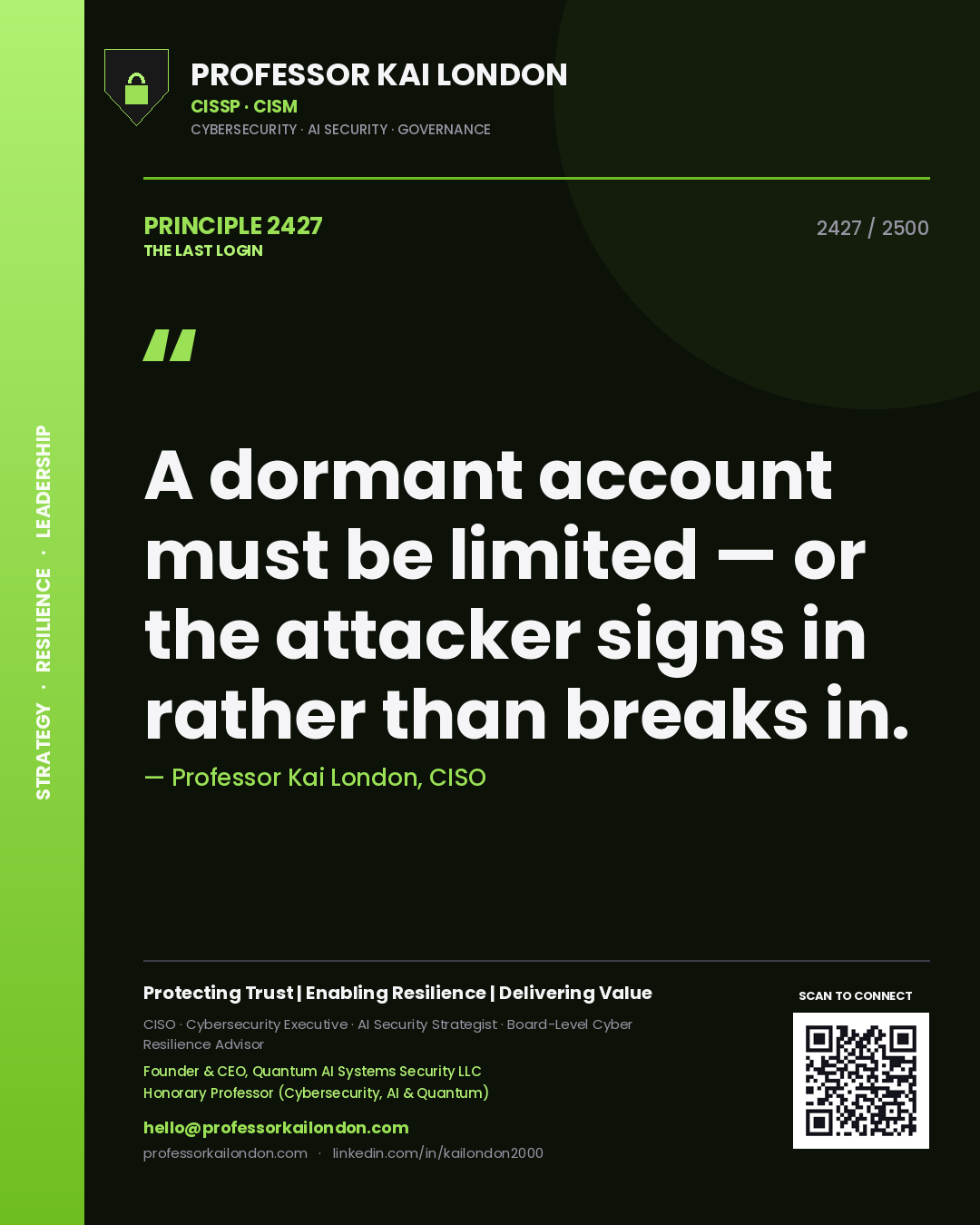 Quote card by Professor Kai London reading 'A dormant account must be limited — or the attacker signs in rather than breaks in.'. From the book The Last Login.