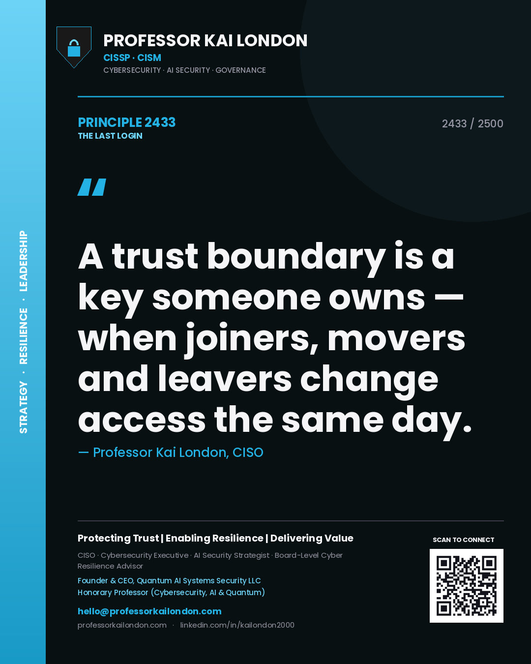 Professor Kai London principle 2433: A trust boundary is a key someone owns — when joiners, movers and leavers change access the same day.