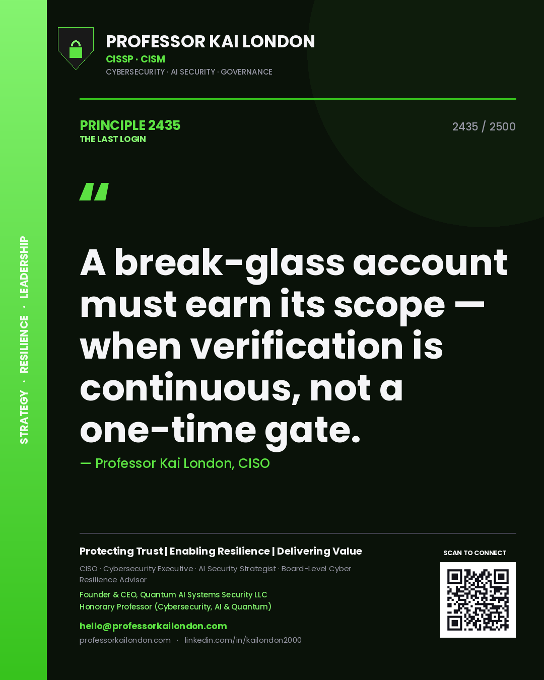 Quote card by Professor Kai London reading 'A break-glass account must earn its scope — when verification is continuous, not a one-time gate.'. From the book The Last Login.