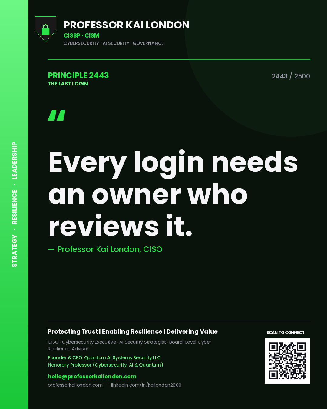Professor Kai London principle 2443: Every login needs an owner who reviews it.