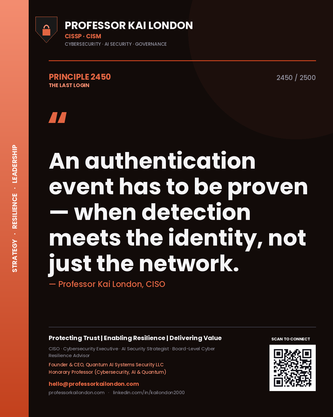 Quote card by Professor Kai London reading 'An authentication event has to be proven — when detection meets the identity, not just the network.'. From the book The Last Login.