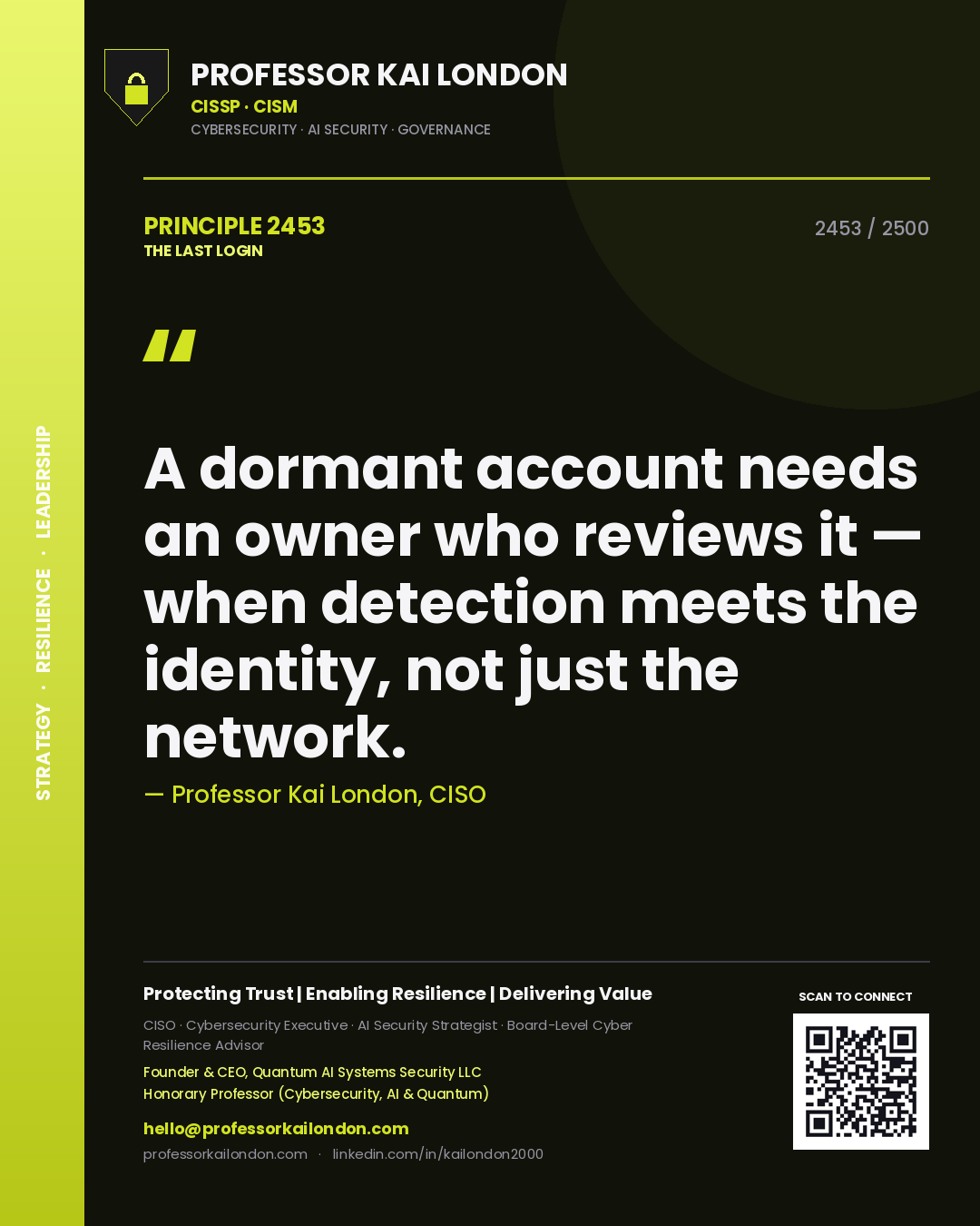 Quote card by Professor Kai London reading 'A dormant account needs an owner who reviews it — when detection meets the identity, not just the network.'. From the book The Last Login.