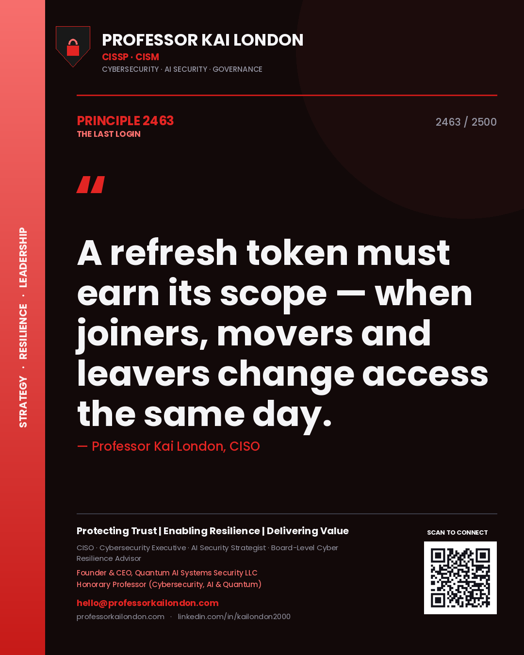 Professor Kai London principle 2463: A refresh token must earn its scope — when joiners, movers and leavers change access the same day.