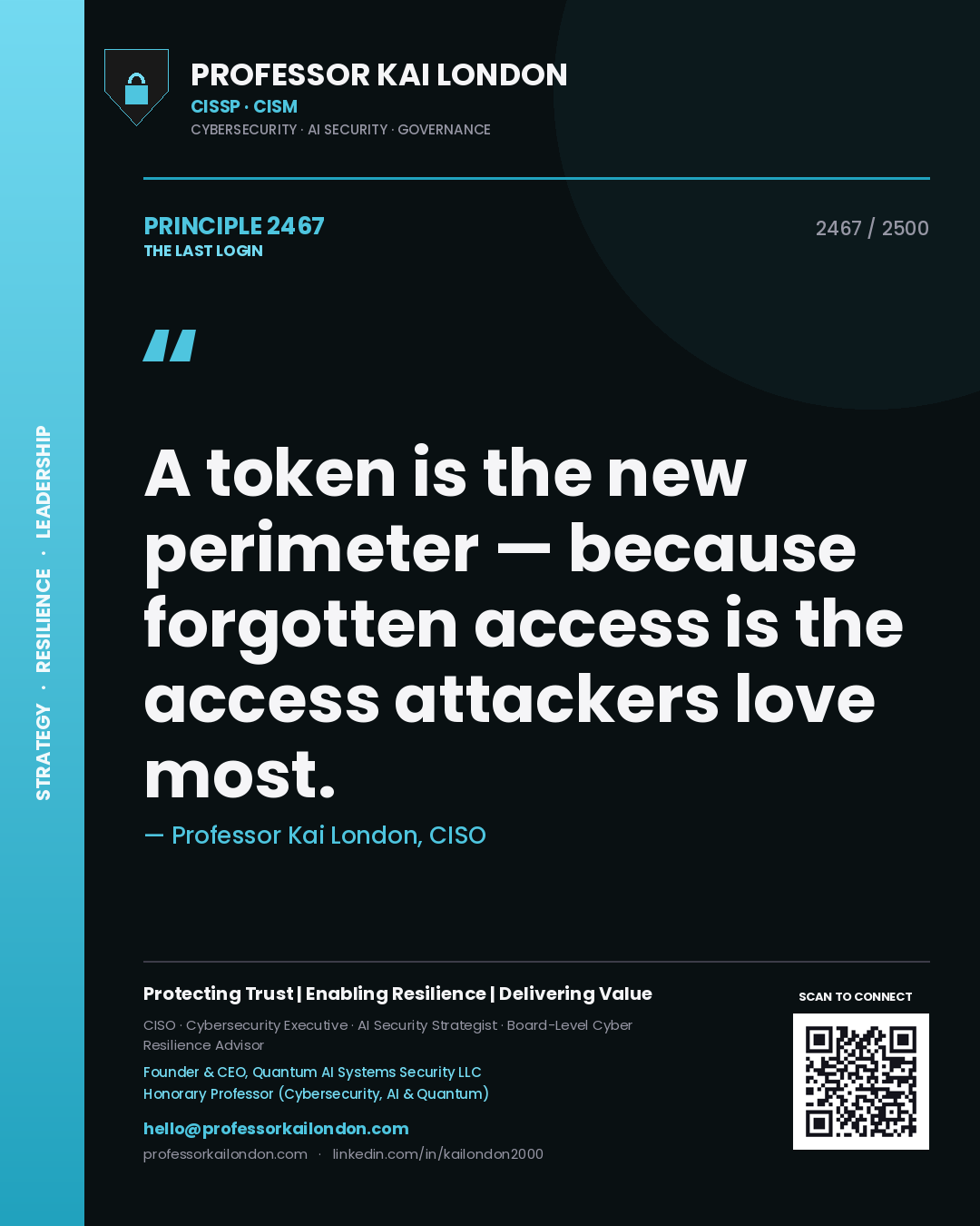 Professor Kai London principle 2467: A token is the new perimeter — because forgotten access is the access attackers love most.