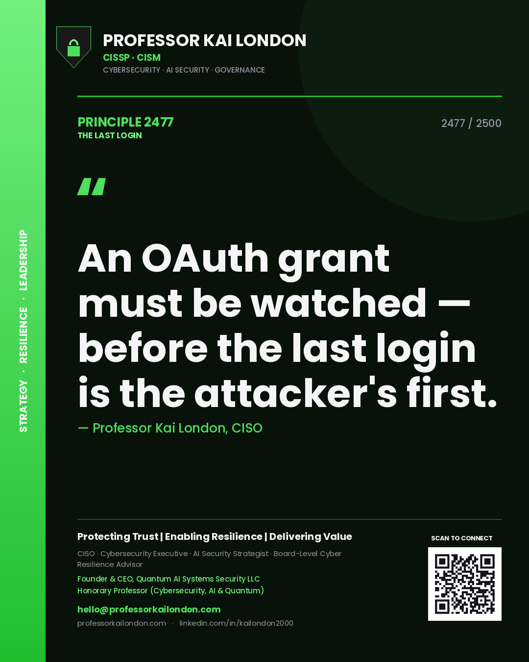 Professor Kai London principle 2477: An OAuth grant must be watched — before the last login is the attacker's first.