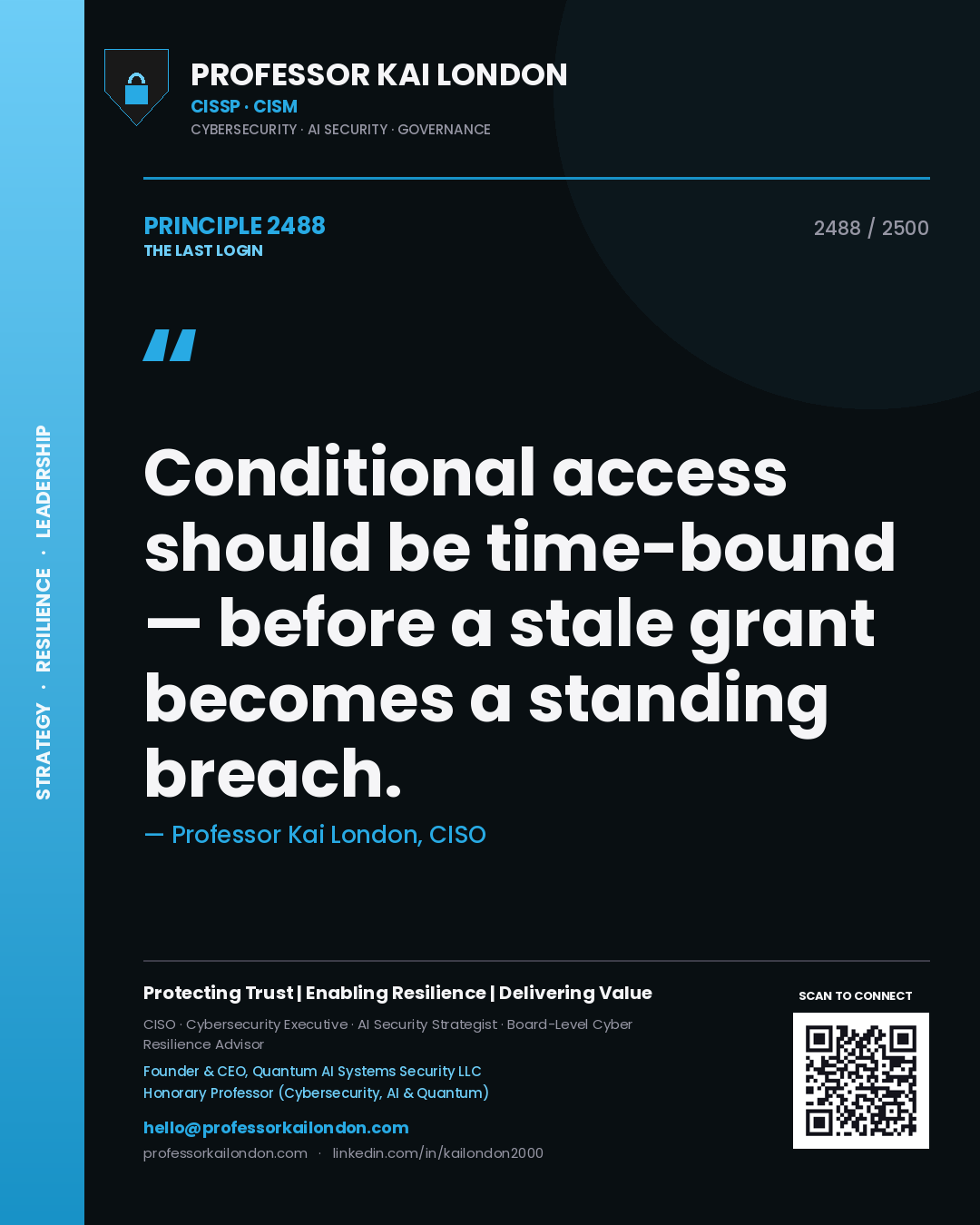 Professor Kai London principle 2488: Conditional access should be time-bound — before a stale grant becomes a standing breach.
