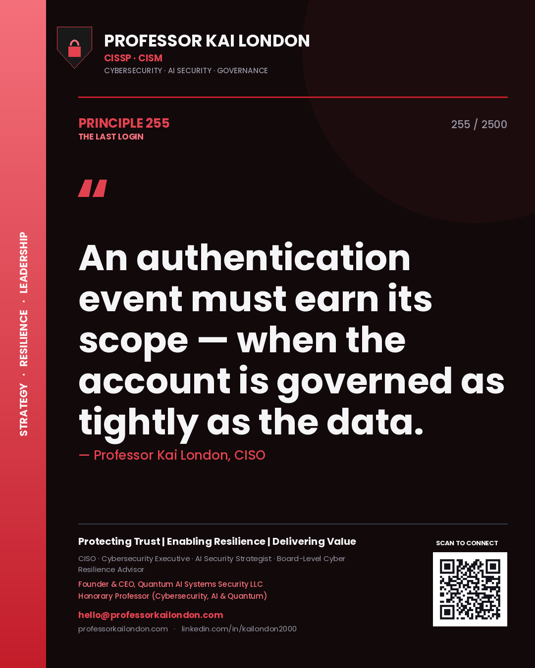 Professor Kai London principle 255: An authentication event must earn its scope — when the account is governed as tightly as the data.
