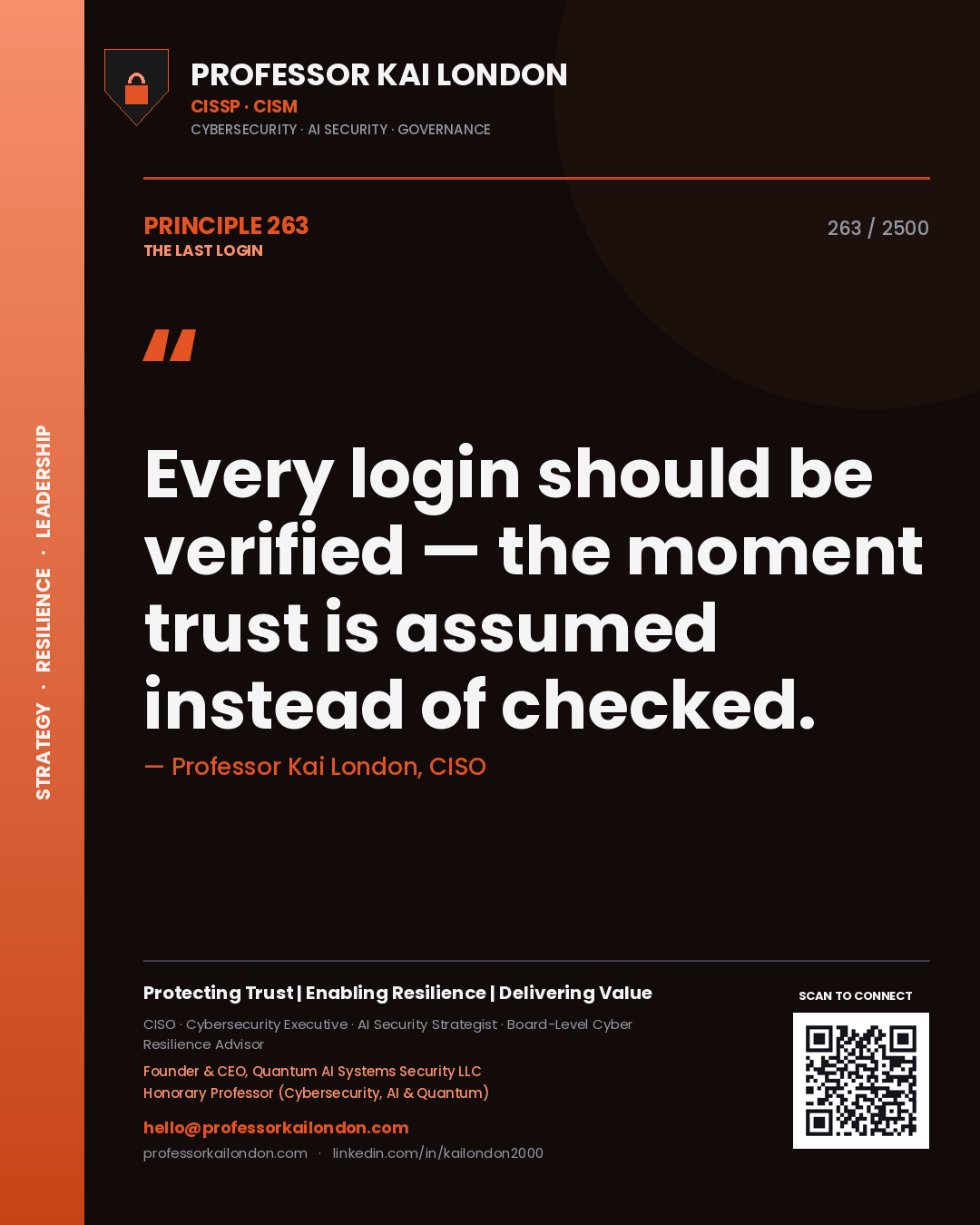 Professor Kai London principle 263: Every login should be verified — the moment trust is assumed instead of checked.