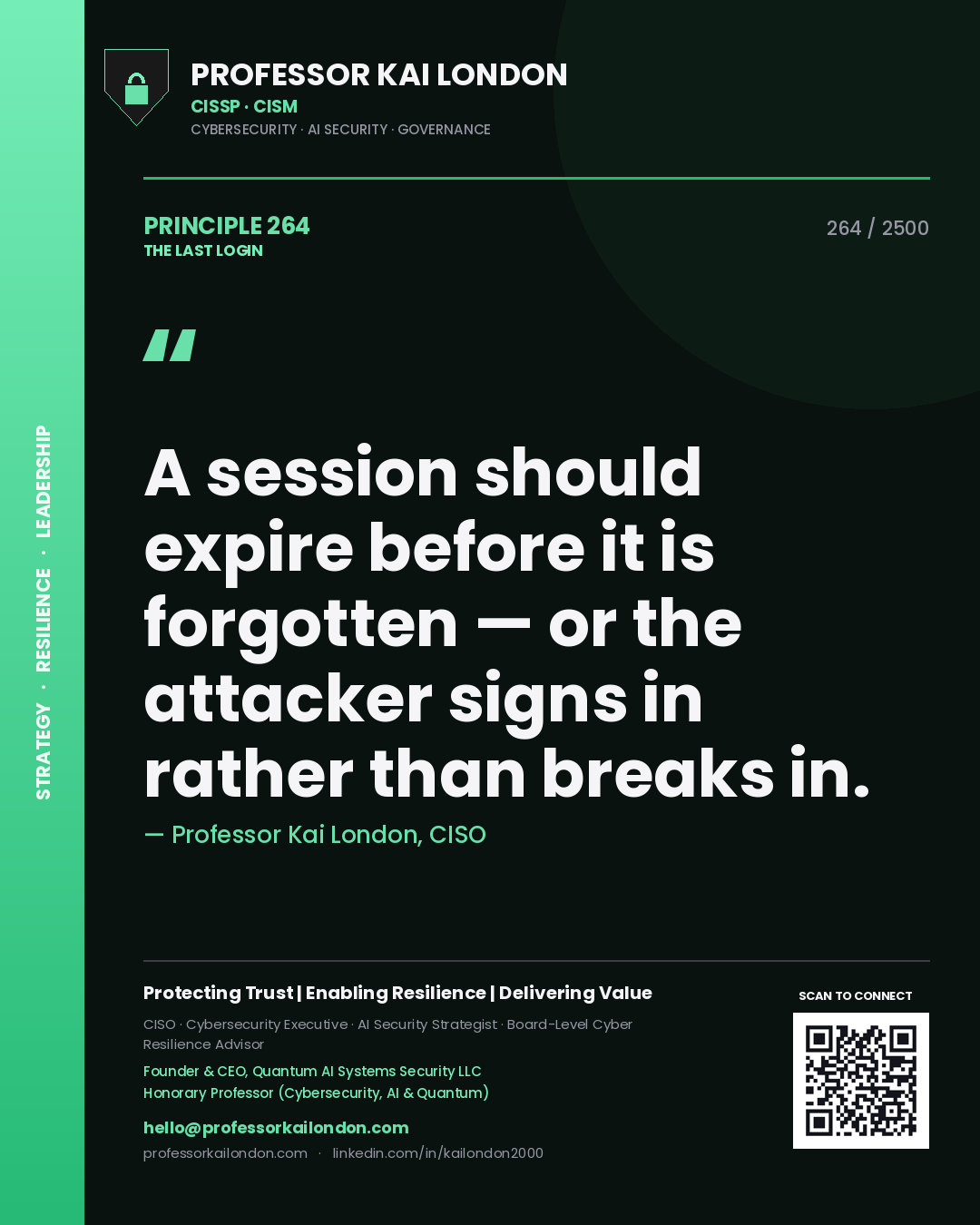 Quote card by Professor Kai London reading 'A session should expire before it is forgotten — or the attacker signs in rather than breaks in.'. From the book The Last Login.