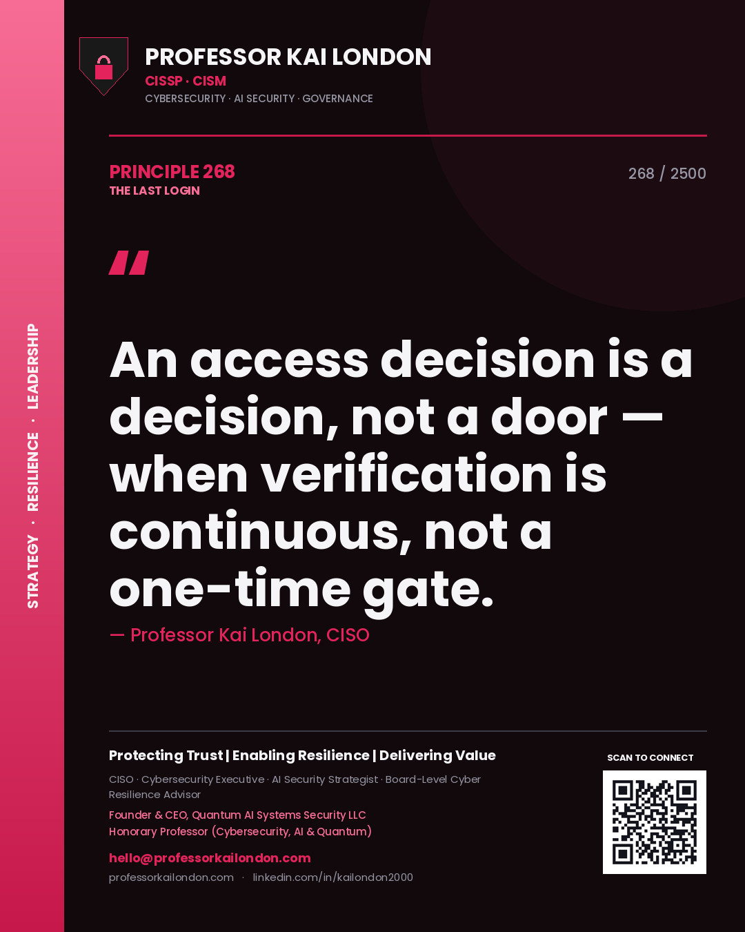 Quote card by Professor Kai London reading 'An access decision is a decision, not a door — when verification is continuous, not a one-time gate.'. From the book The Last Login.