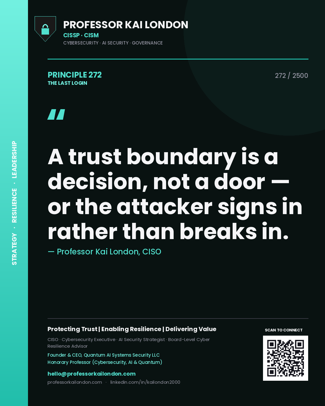 Quote card by Professor Kai London reading 'A trust boundary is a decision, not a door — or the attacker signs in rather than breaks in.'. From the book The Last Login.