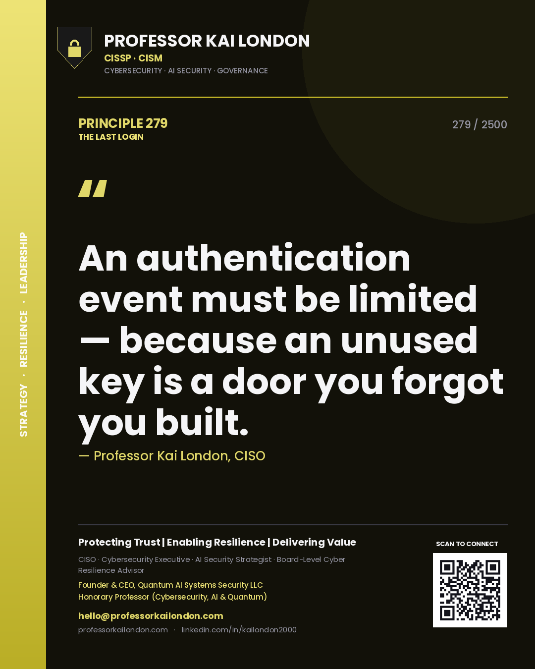 Professor Kai London principle 279: An authentication event must be limited — because an unused key is a door you forgot you built.