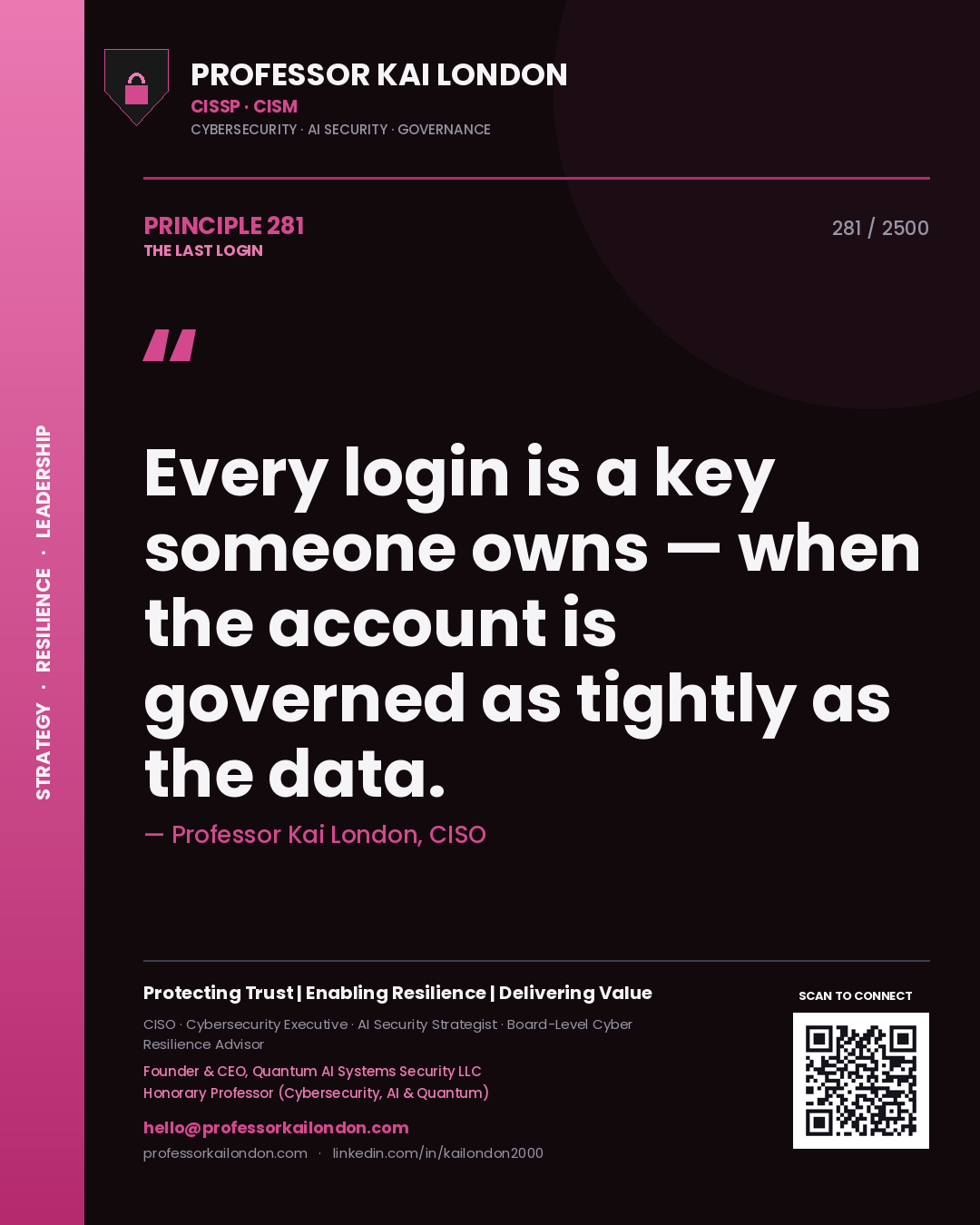 Quote card by Professor Kai London reading 'Every login is a key someone owns — when the account is governed as tightly as the data.'. From the book The Last Login.
