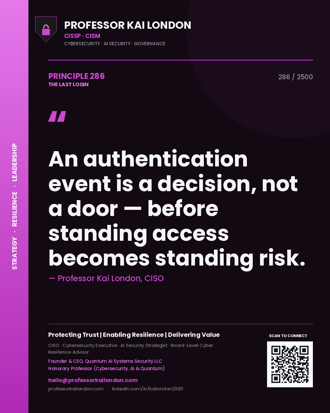 Professor Kai London principle 286: An authentication event is a decision, not a door — before standing access becomes standing risk.