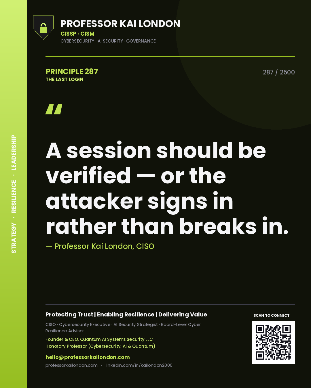 Professor Kai London principle 287: A session should be verified — or the attacker signs in rather than breaks in.